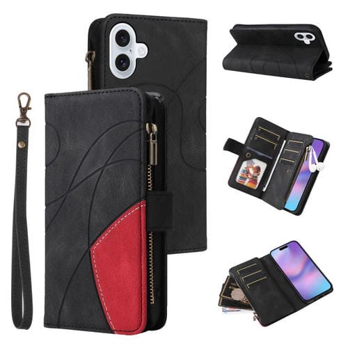 Funda de cuero con cremallera para iPhone 17, bicolor, con 9 ranuras para tarjetas (negro)