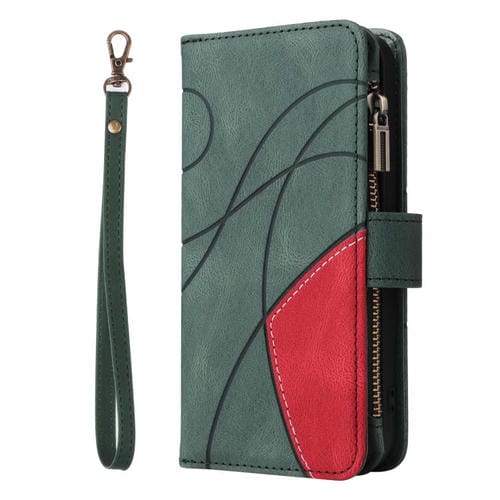 Funda de cuero con cremallera para iPhone 17, bicolor, con 9 ranuras para tarjetas (verde)