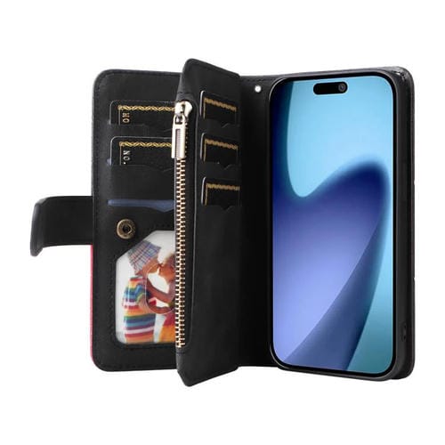 Funda de cuero con cremallera para iPhone 17 Air, bicolor, con 9 ranuras para tarjetas (negro)