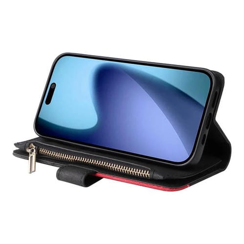 Funda de cuero con cremallera para iPhone 17 Air, bicolor, con 9 ranuras para tarjetas (negro)