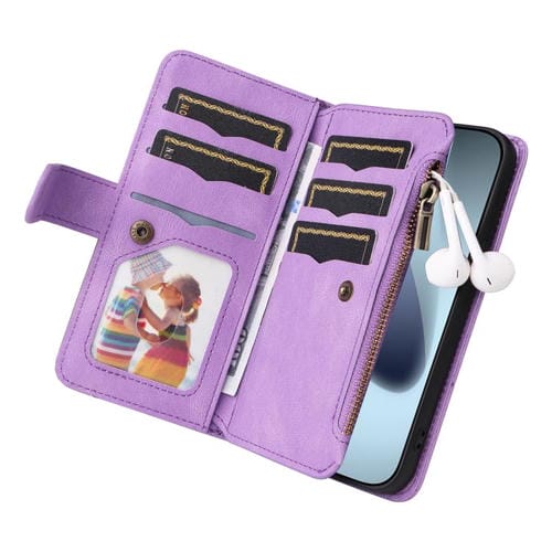 Funda de cuero con cremallera para iPhone 17 Pro, bicolor, con 9 ranuras para tarjetas (morado)
