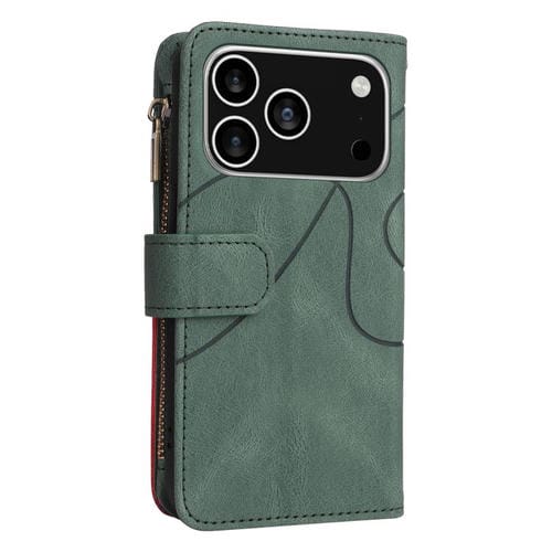 Funda de cuero con cremallera para iPhone 17 Pro, bicolor, con 9 ranuras para tarjetas (verde)