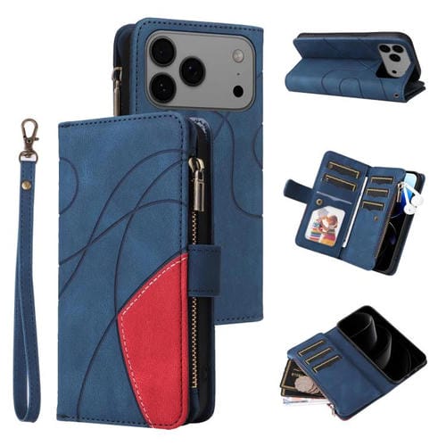 Funda de cuero con cremallera para iPhone 17 Pro Max, bicolor, con 9 ranuras para tarjetas (azul)