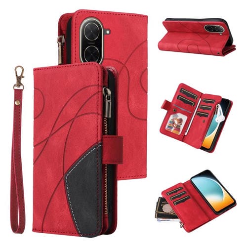Funda de cuero con cremallera para Redmi A5 4G (171,7 mm) / Poco C71, bicolor, con 9 ranuras para tarjetas (rojo)