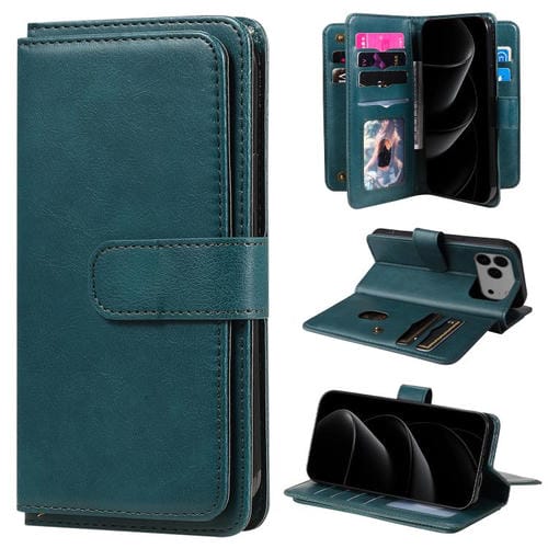 Funda de cuero multifunción tipo billetera para iPhone 17 Pro Max con 10 ranuras para tarjetas (verde oscuro)