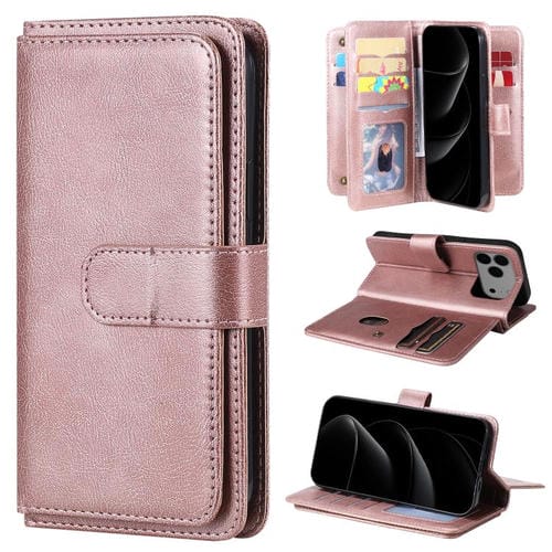 Funda de cuero multifunción tipo billetera para iPhone 17 Pro Max con 10 ranuras para tarjetas (oro rosa)