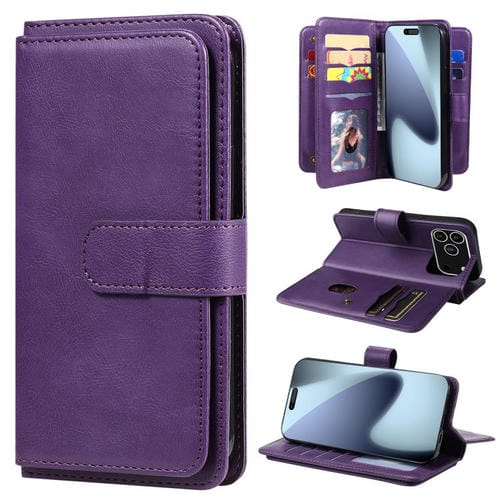 Funda de cuero multifunción tipo billetera para iPhone 17 Pro con 10 ranuras para tarjetas (violeta)