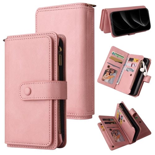 Funda de cuero con cremallera y ranuras para tarjetas para iPhone 17 Pro (rosa)