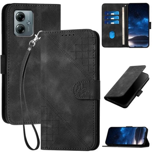 Funda de Cuero Motorola Moto G Play 2025 y G Power 2025 con Mariposa en Relieve y Cuadrícula (Negro)