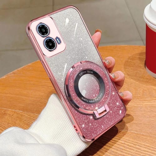 Funda TPU con Soporte Redondo y Purpurina Degradada para Motorola Moto G34 (Rosa)