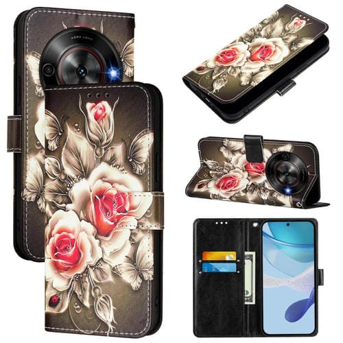 Funda de Cuero para ZTE Blade A75 5G y Nubia Focus con Patrón de Colores (Rosas Sobre Negro)