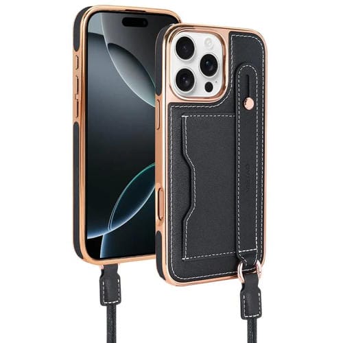 Funda para Teléfono Vietao iPhone 16 Pro con Ranura para Tarjeta y Correa para la Muñeca (Negra)