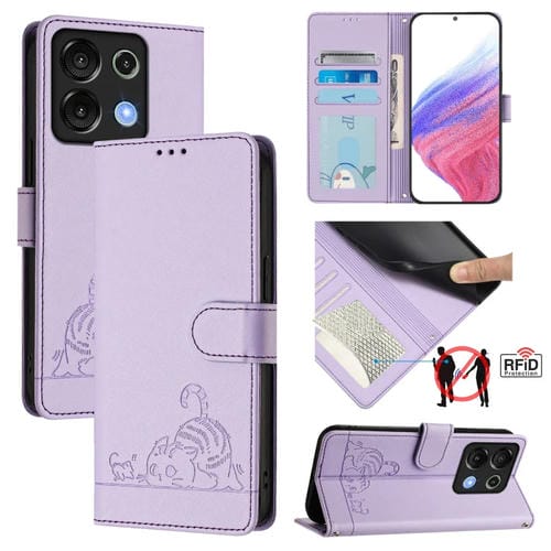 Funda de Cuero Rfid para Umidigi G9 5G con Relieve de Rata y Gato y Cordón (Morado)