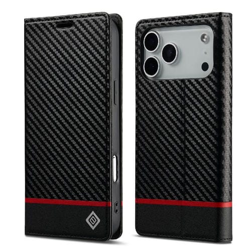 Funda de cuero de fibra de carbono LC.IMEEKE para iPhone 17 Pro Max (negro horizontal)