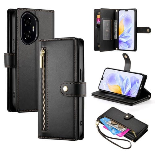 Funda de Cuero para Honor 300 Pro/300 Ultra con 9 Ranuras para Tarjetas y Cremallera (Negro)