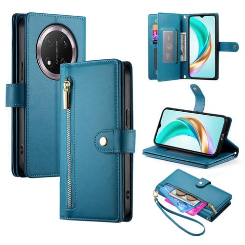 Funda de Cuero para Honor X9C Global y Magic7 Lite con Ranura para Tarjeta y Cremallera (Azul)