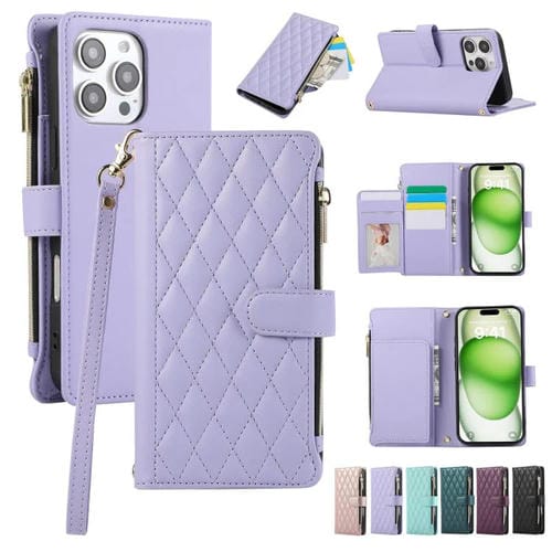 Funda de Cuero Tipo Billetera con Cremallera y Diseño Rombal para iPhone 16 Pro (Morado)