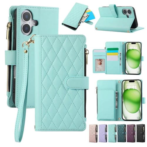 Funda de Cuero Tipo Billetera con Cremallera para iPhone 16 (Cian)