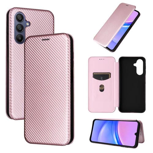Funda de cuero con tapa y textura de fibra de carbono para Samsung Galaxy A17 5G (rosa)