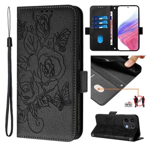 Funda de Cuero Antirrobo RFID para Umidigi Note 100 con Diseño Rosa En Relieve (Negra)