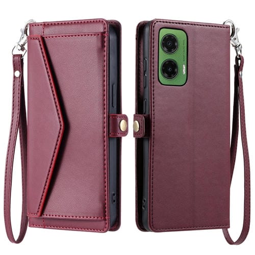 Funda de Cuero para Motorola Moto G35 con Ranura para Tarjetas y Cordón (Rojo Vino)