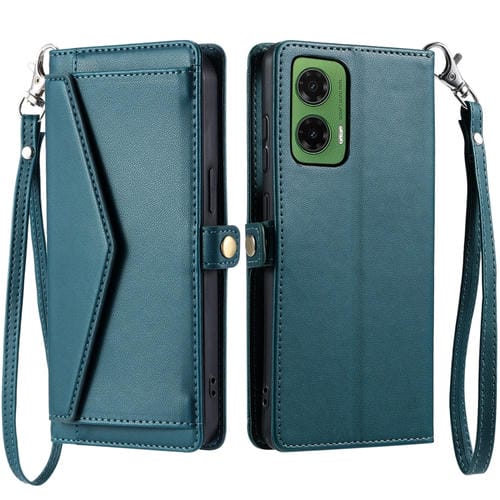 Funda de Cuero para Motorola Moto G35 con Ranura para Tarjetas y Cordón (Verde)