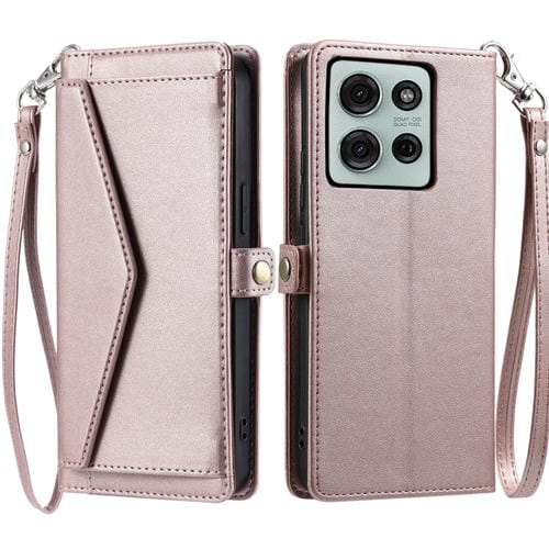 Funda de Cuero para Motorola Moto G75 5G con Ranura para Tarjetas y Cordón (Oro Rosa)