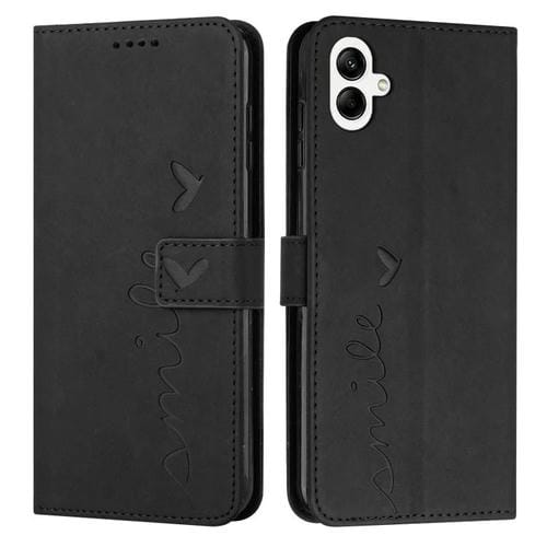 Funda de piel con diseño de corazón en relieve y cordón largo para Samsung Galaxy A07 4G (negra)
