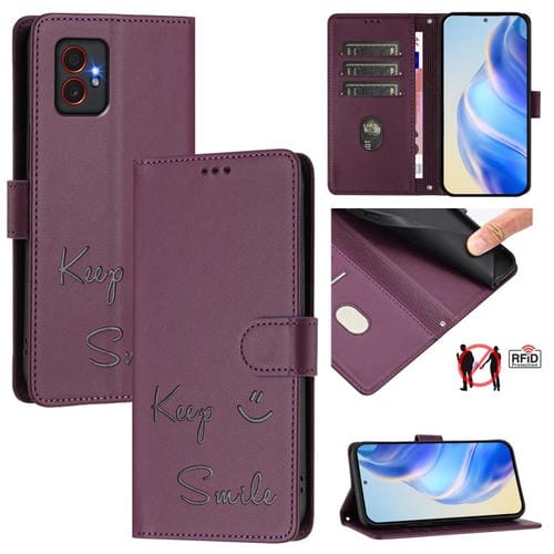 Funda de cuero RFID con relieve sonriente para Samsung Galaxy XCover7 Pro (violeta)