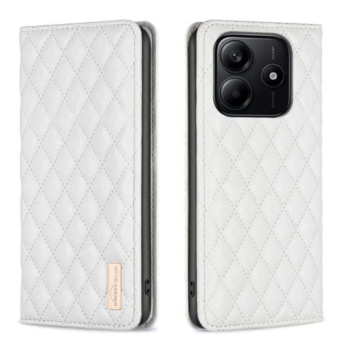 Funda de Cuero Magnética con Tapa Tipo Cartera para Redmi Note 14 4G con Diseño de Diamante (Blanco)