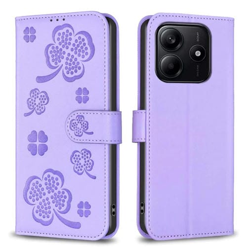 Funda de Cuero con Relieve de Cuatro Hojas para Redmi Note 14 4G (Morado)