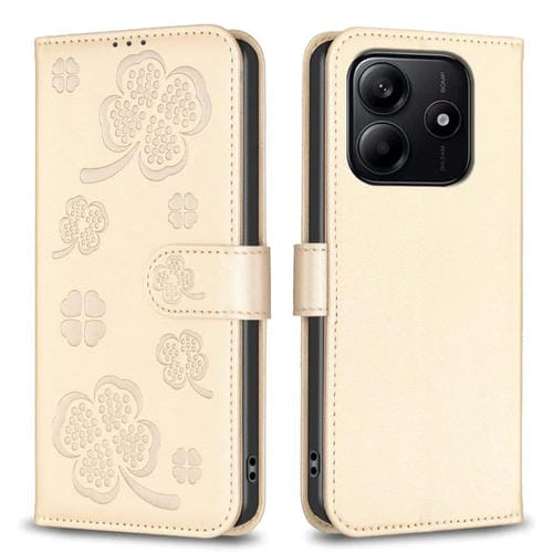 Funda de Cuero con Relieve de Cuatro Hojas para Redmi Note 14 4G (Dorada)