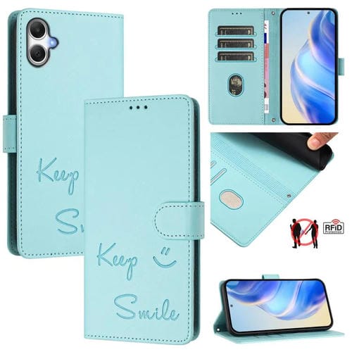 Funda de Cuero Rfid con Relieve Sonriente para Samsung Galaxy A06 5G/4G (Verde Menta)