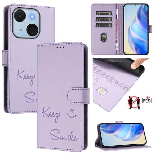 Funda de Cuero Rfid con Relieve Sonriente para Teléfono Itel A50C (Morado Claro)