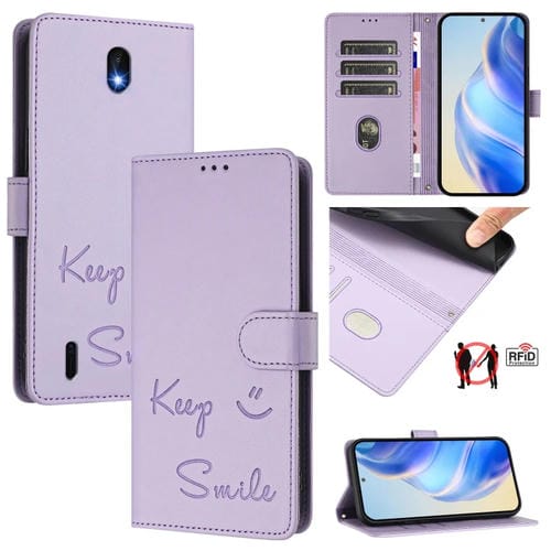 Funda de Cuero Rfid con Relieve Sonriente para Nokia C01 Plus y C1 2.ª Edición (Morado Claro)