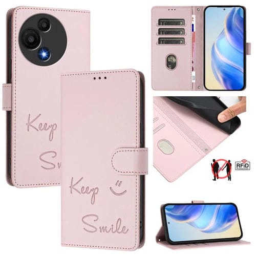 Funda de cuero RFID con relieve sonriente para TCL 605/60 SE (rosa)