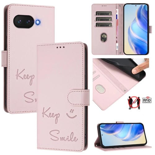 Funda de Cuero Rfid con Relieve Sonriente para Google Pixel 9A (Rosa)