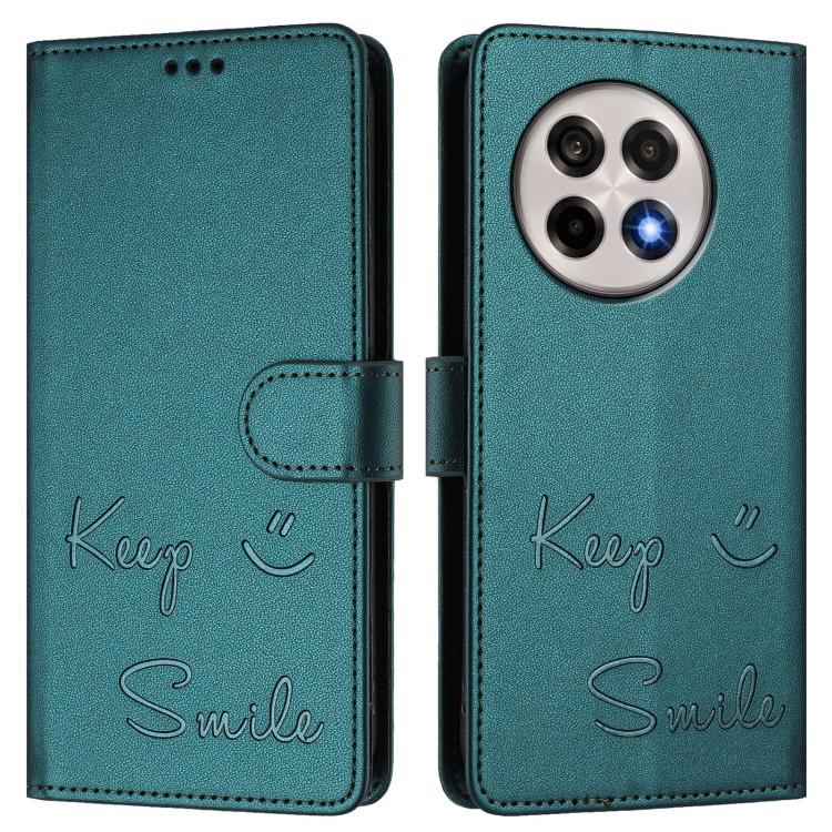 Funda de Cuero Rfid con Relieve Sonriente para OnePlus 13R Ace 5 Pro 5G (Verde Pavo Real)