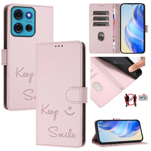 Funda de Cuero Rfid para Motorola Moto G75 5G con Relieve Sonriente (Rosa)