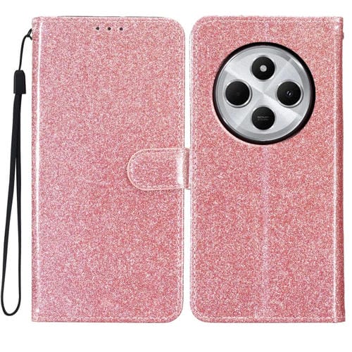 Funda de Cuero con Tapa y Purpurina para Redmi A4 5G (Oro Rosa)