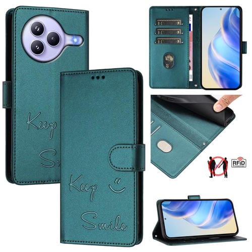 Funda de cuero RFID con relieve sonriente para Xiaomi Civi 5 Pro 5G (verde pavo real)