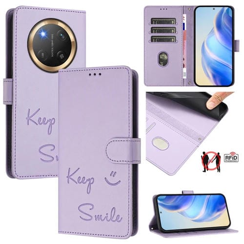 Funda de Cuero Rfid con Relieve Sonrisa Global para Honor X9C 5G (Morado Claro)