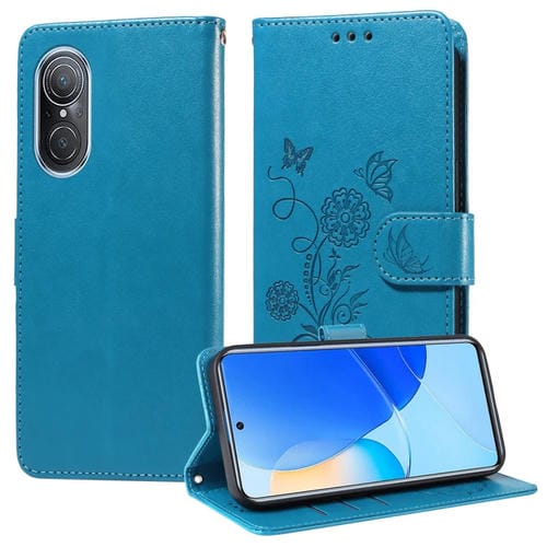 Funda de Cuero con Diseño de Mariposas y Flores en Relieve para Honor 50 Se Huawei Nova 9 Se (Azul)