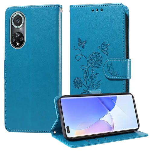 Funda de Cuero con Diseño de Mariposas y Flores en Relieve para Honor 50 Pro Huawei Nova 9 Pro (Azul)