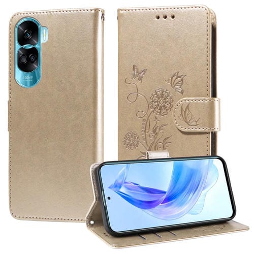 Funda de Cuero con Diseño de Mariposas y Flores en Relieve para Honor X50I 5G y 90 Lite (Dorada)