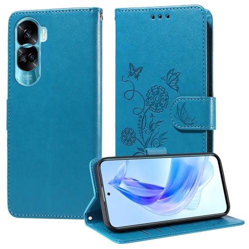 Funda de Cuero con Diseño de Mariposas y Flores en Relieve para Honor X50I 5G y 90 Lite (Azul)