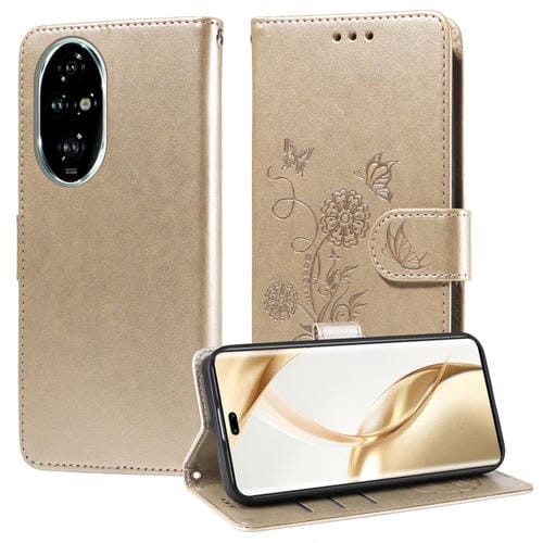 Funda de Cuero Honor 200 Pro Diseño Mariposas y Flores en Relieve (Dorada)