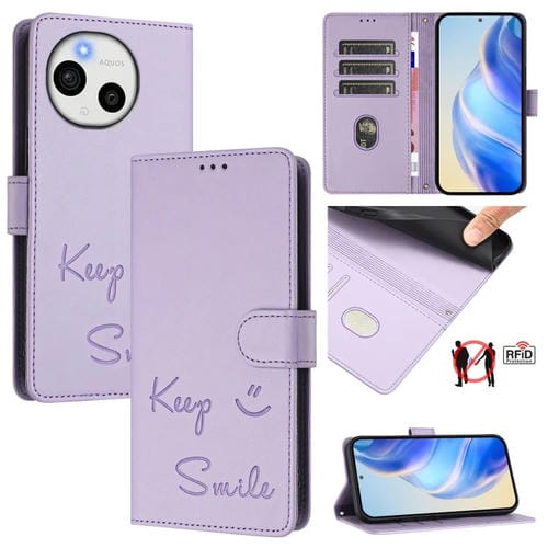Funda de Cuero Rfid con Relieve Sonriente para Sharp Aquos Sense9 (Morado Claro)