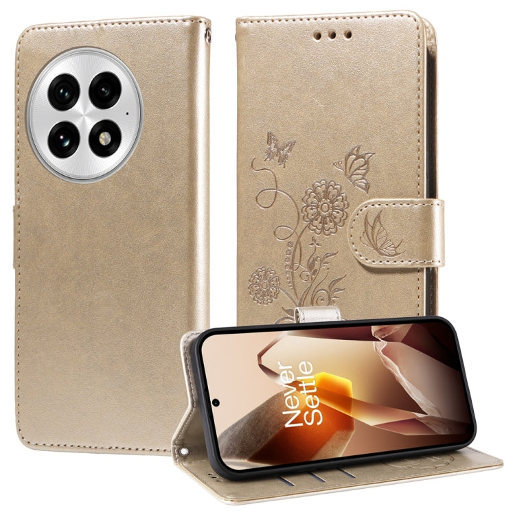 Funda de Cuero OnePlus 13 con Diseño de Mariposas y Flores en Relieve (Dorada)