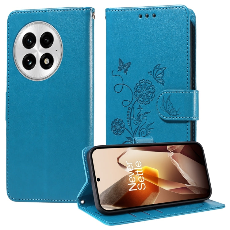Funda de Cuero para OnePlus 13 con Diseño de Mariposas y Flores en Relieve (Azul)